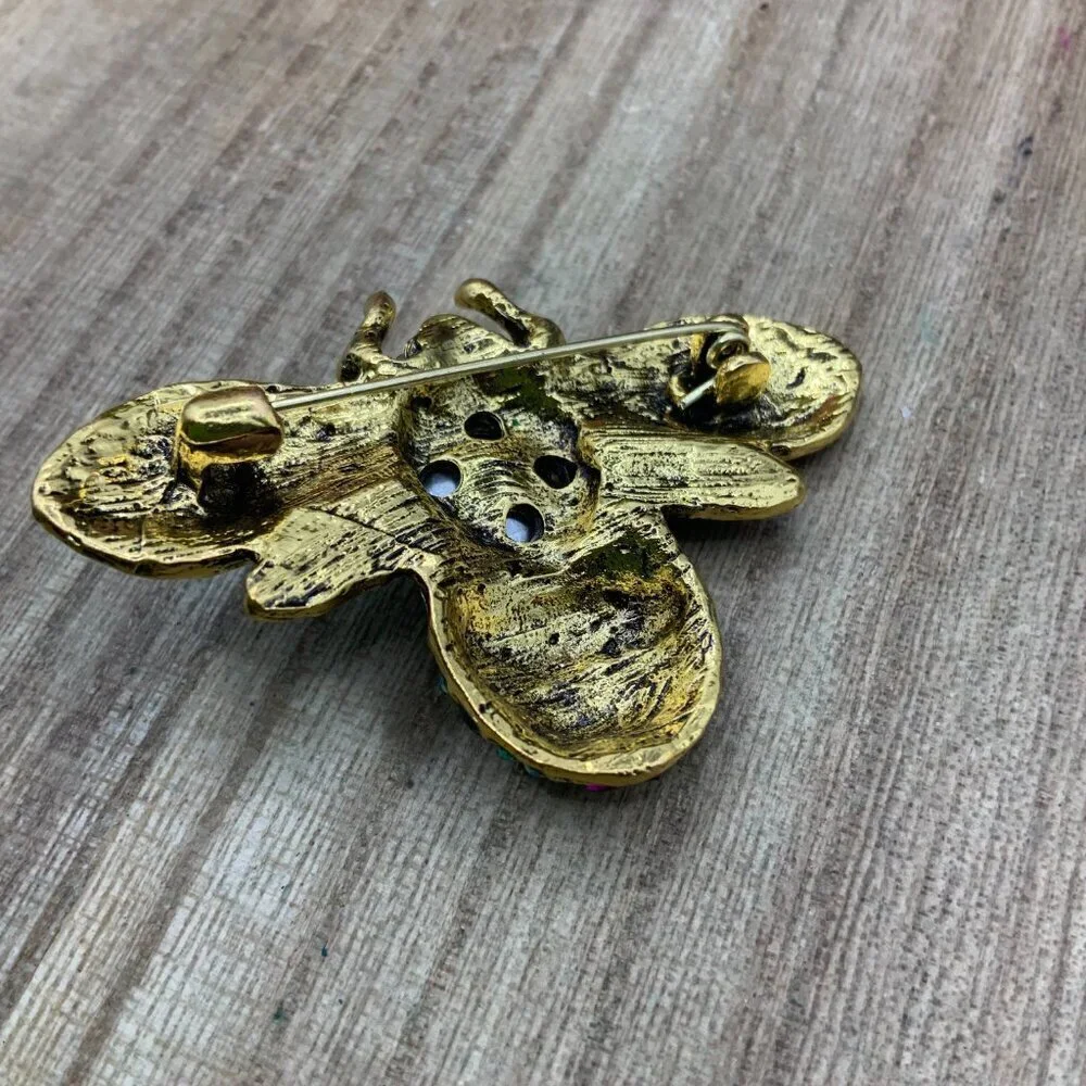 Bubble Bee Insect Green Pink Crystal Gold Tone Brooch